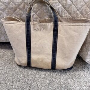 LL Bean Boat and Tote Bag Large Canvas Blue Handles Vintage Crinkle Tag RARE
